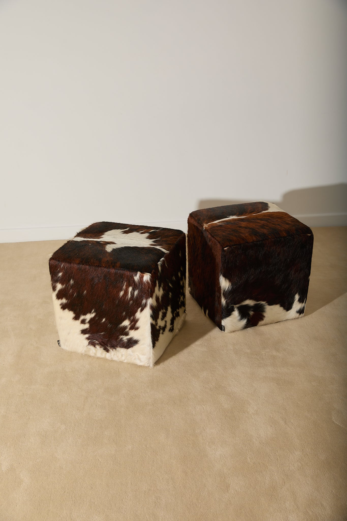 Genuine Cowhide Cube Ottoman – Tri-Color Brown &amp; White Hair-on-Hide Footstool