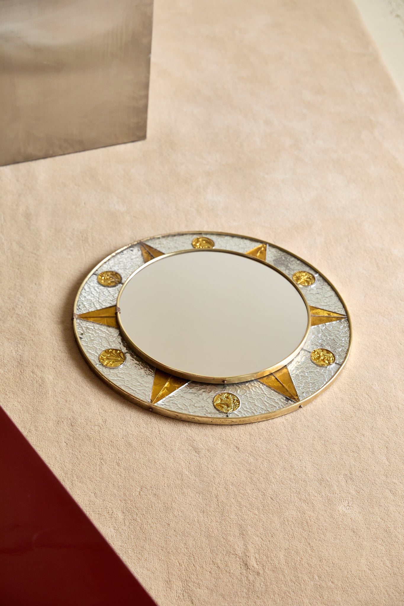 Vintage French Circular Mirror with Embossed Geometric Glass &amp; Metal Frame, c. 1960s