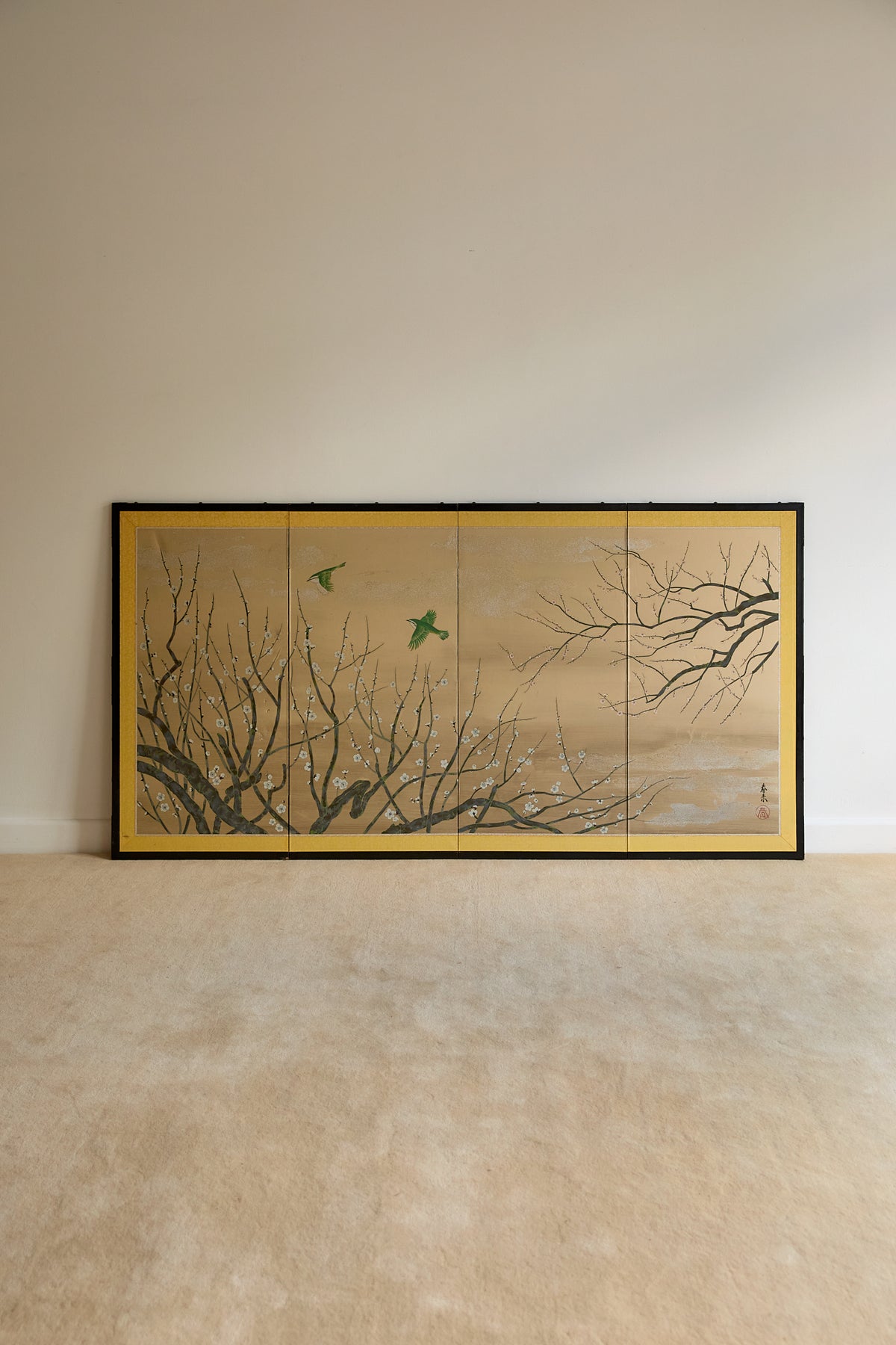 Vintage Japanese Folding Screen - Gold Leaf with Birds and Plum Blossoms