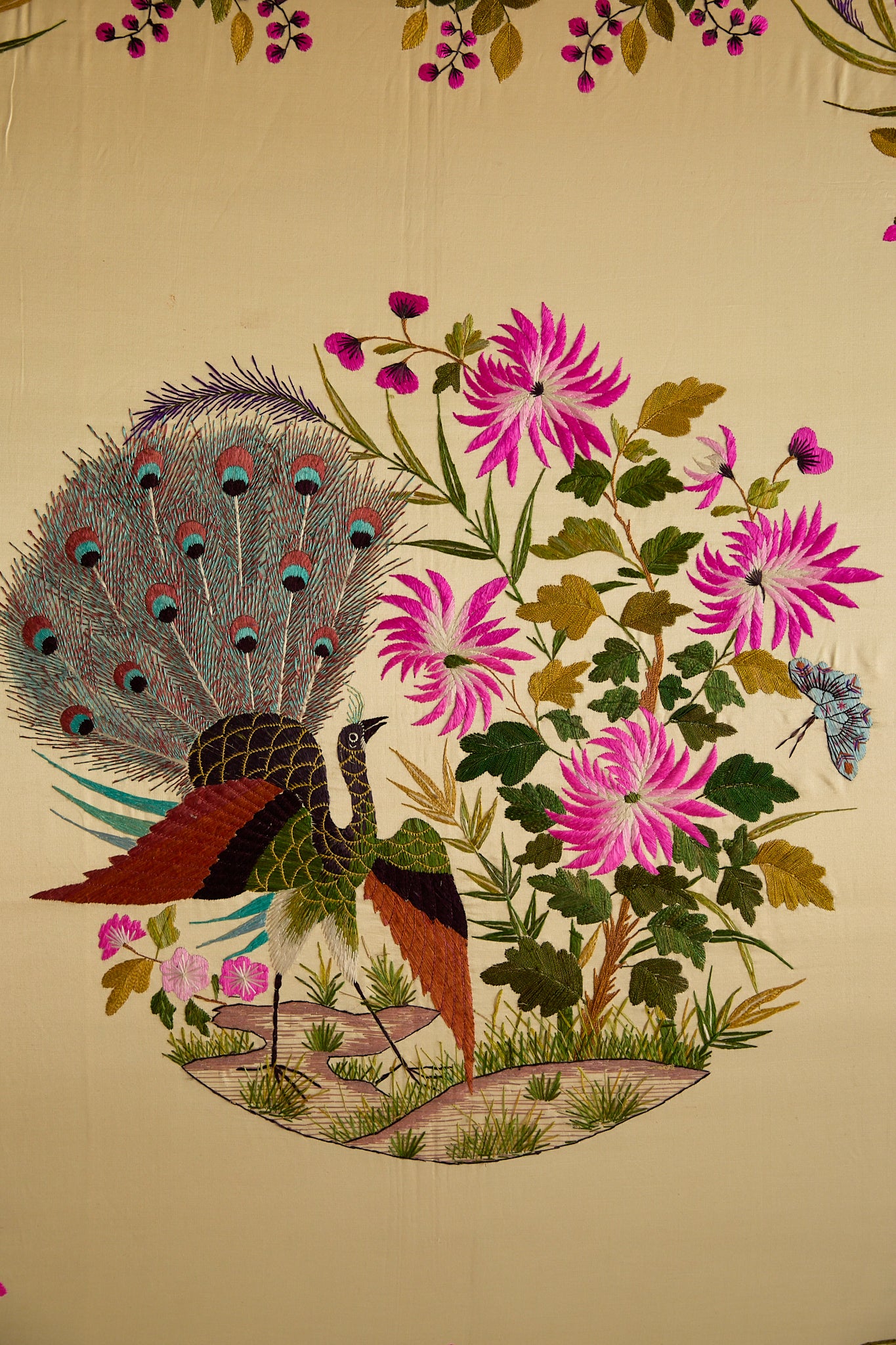 Vintage Large Framed Chinese Silk Embroidery Panel – Peacock &amp; Peony Floral Border