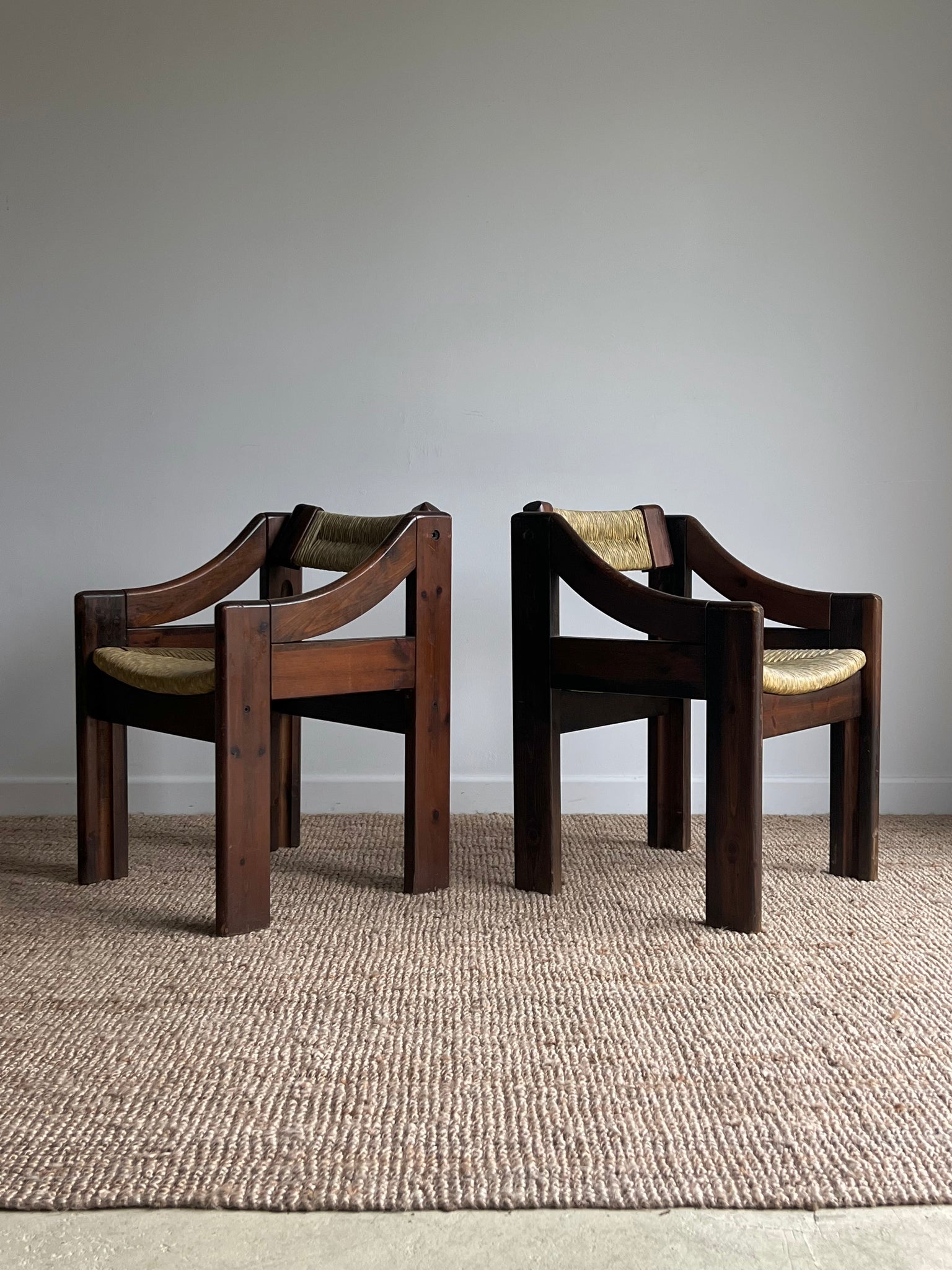 Mid-Century Brutalist Pine and Straw Chairs by Fratelli Montina, Italy, 1960s