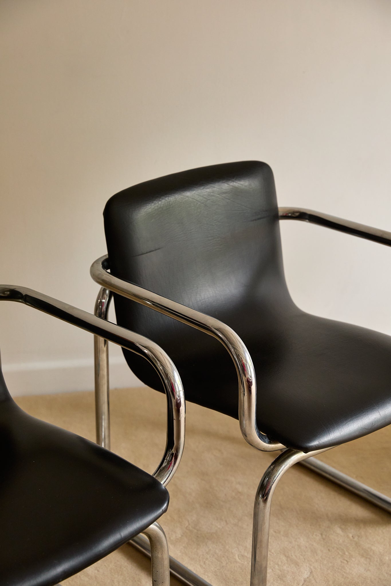 Pair of Vintage Postmodern Italian Black Leather &amp; Tubular Chrome Cantilever Armchairs (c. 1970s–1980s)