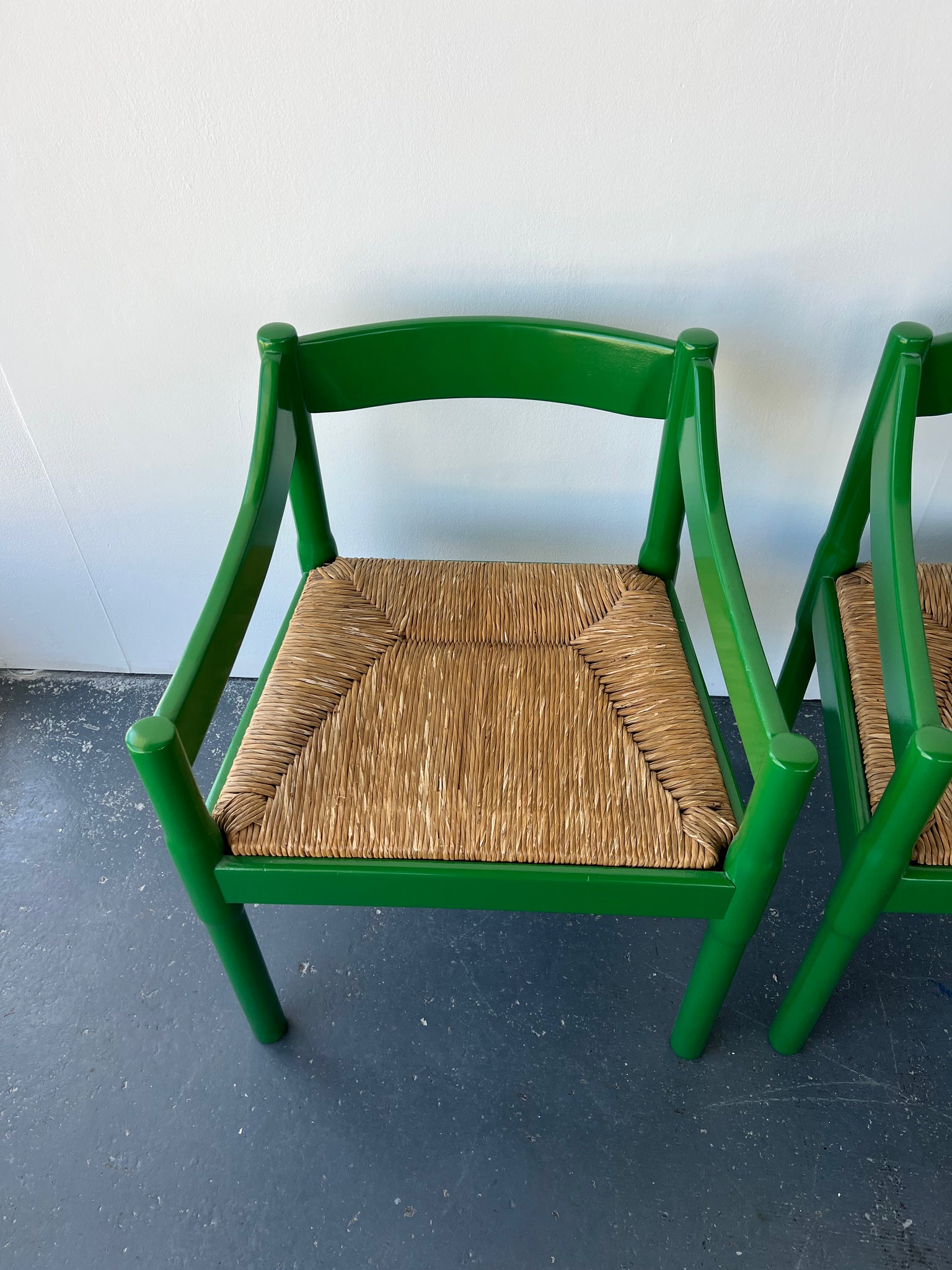 Set of x6 Glossy Green Carimate Carver Chairs by Vico Magistretti
