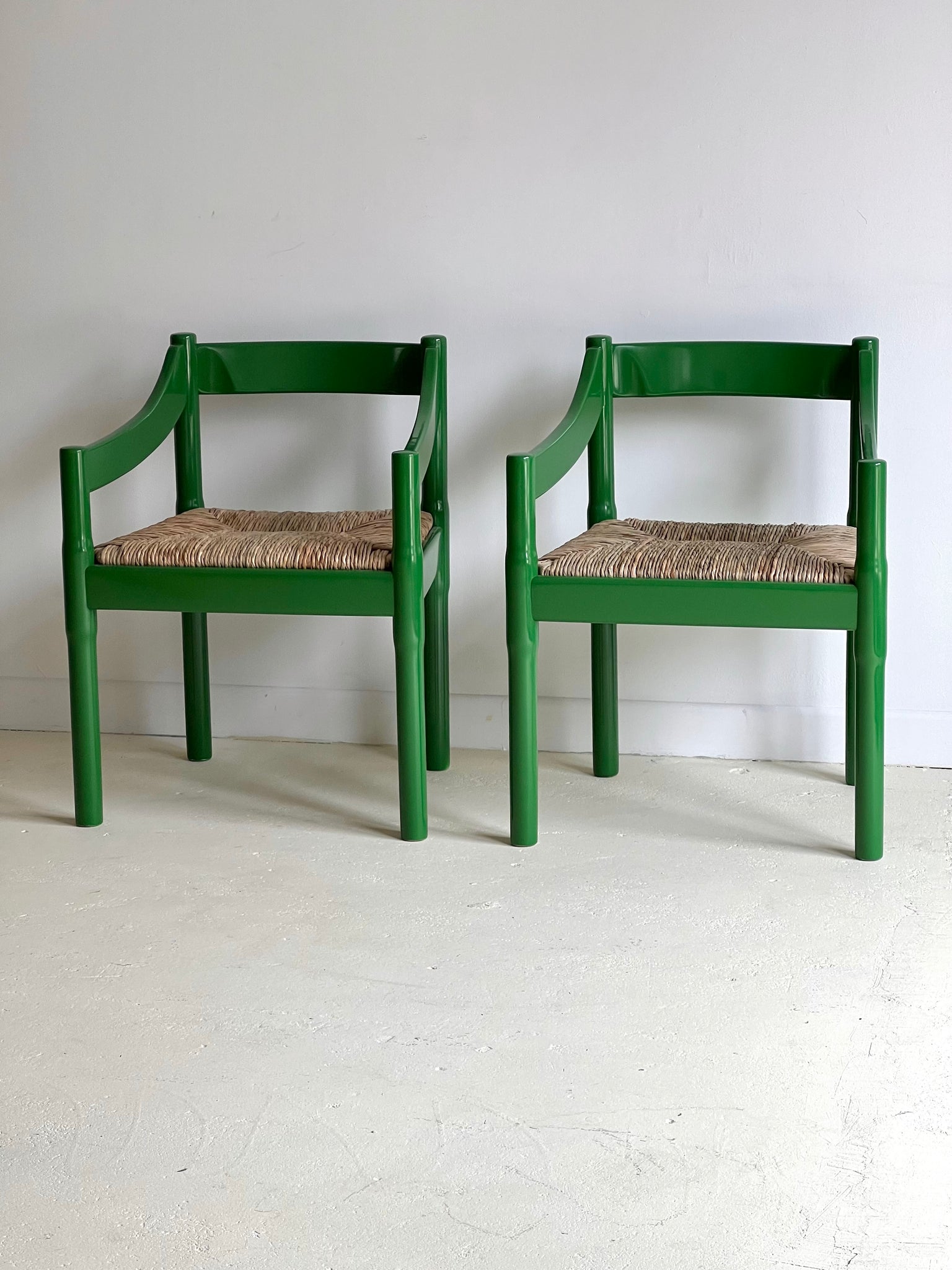 Set of x6 Glossy Green Carimate Chairs by Vico Magistretti