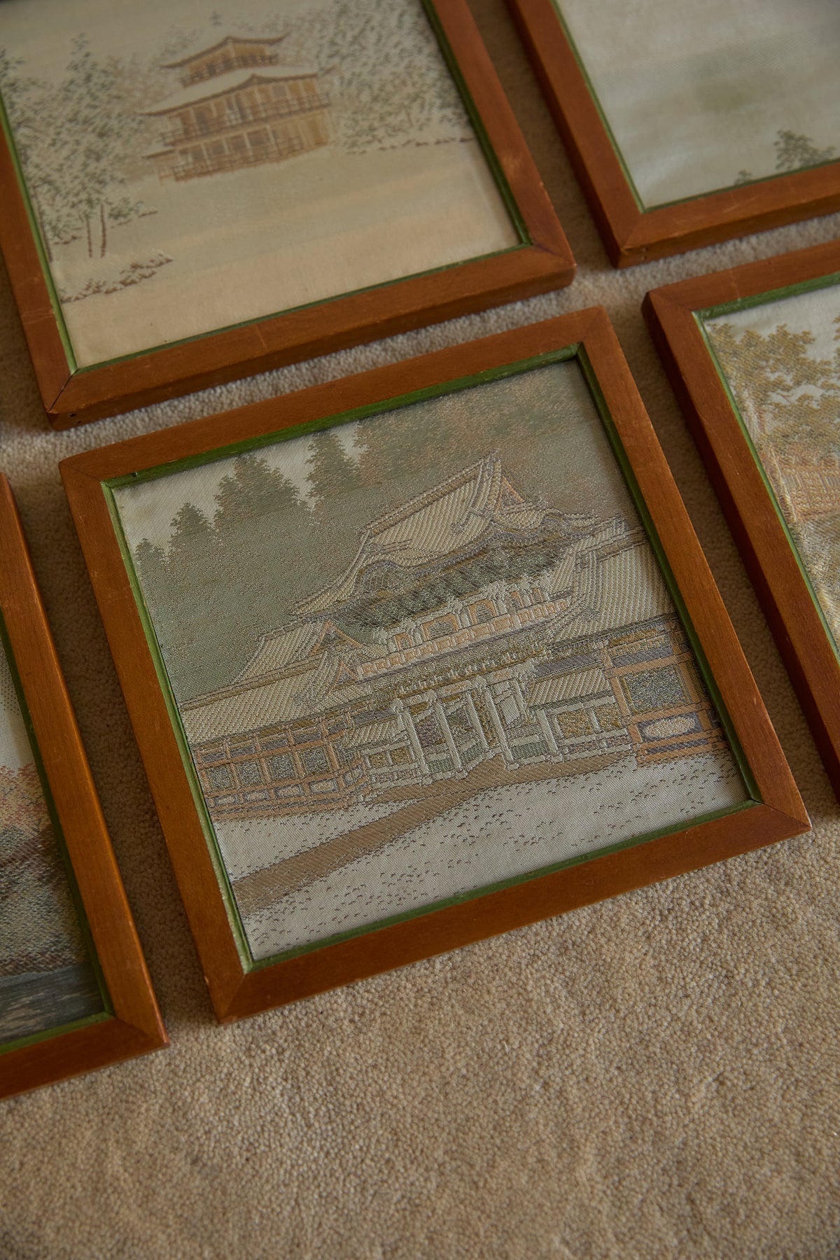 Vintage Japanese Hand-Embroidered Silk Landscape Art – Framed Set of 6