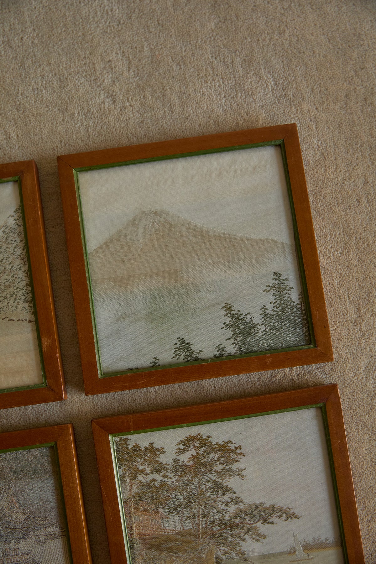 Vintage Japanese Hand-Embroidered Silk Landscape Art – Framed Set of 6