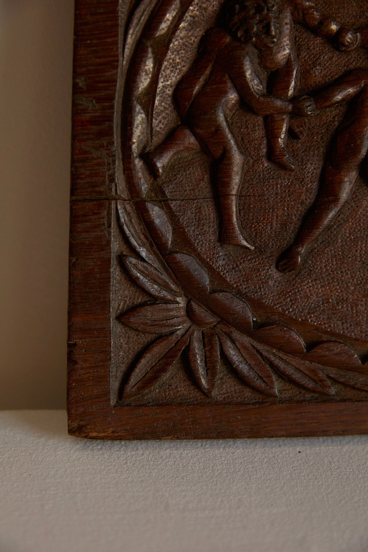 Antique 19th Century Hand-Carved Solid Oak Wooden Relief Plaque – Dancing Cherubs