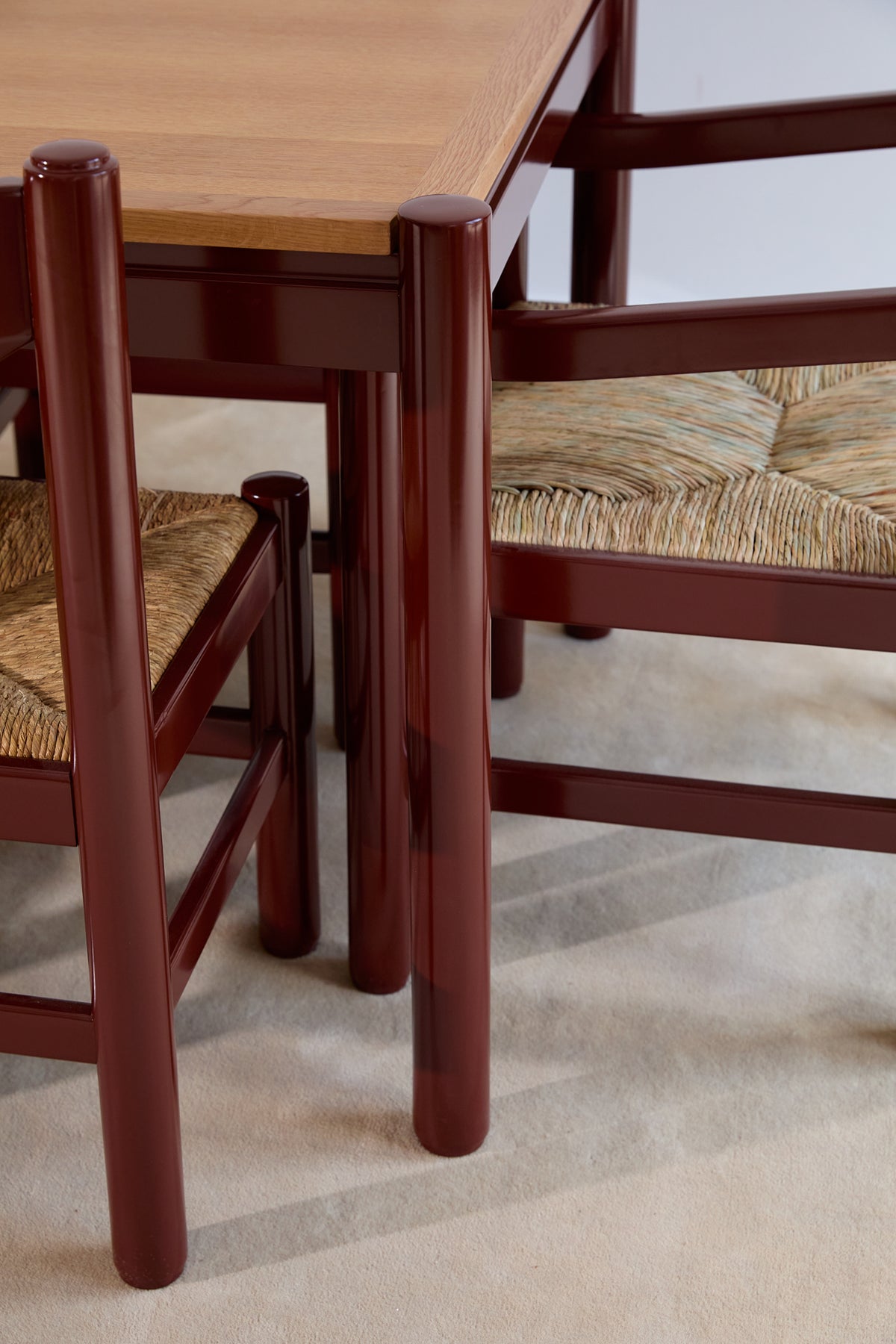 Mid-Century Modern Dining Set – Rectangular Wood Table with 6 Rush-Seat Chairs
