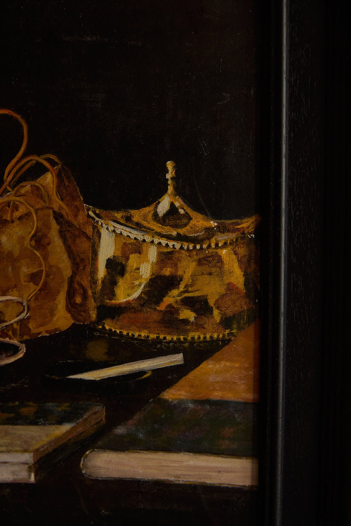 Gilded Still Life – Moody Vintage Oil Painting of Tea Service &amp; Curiosities