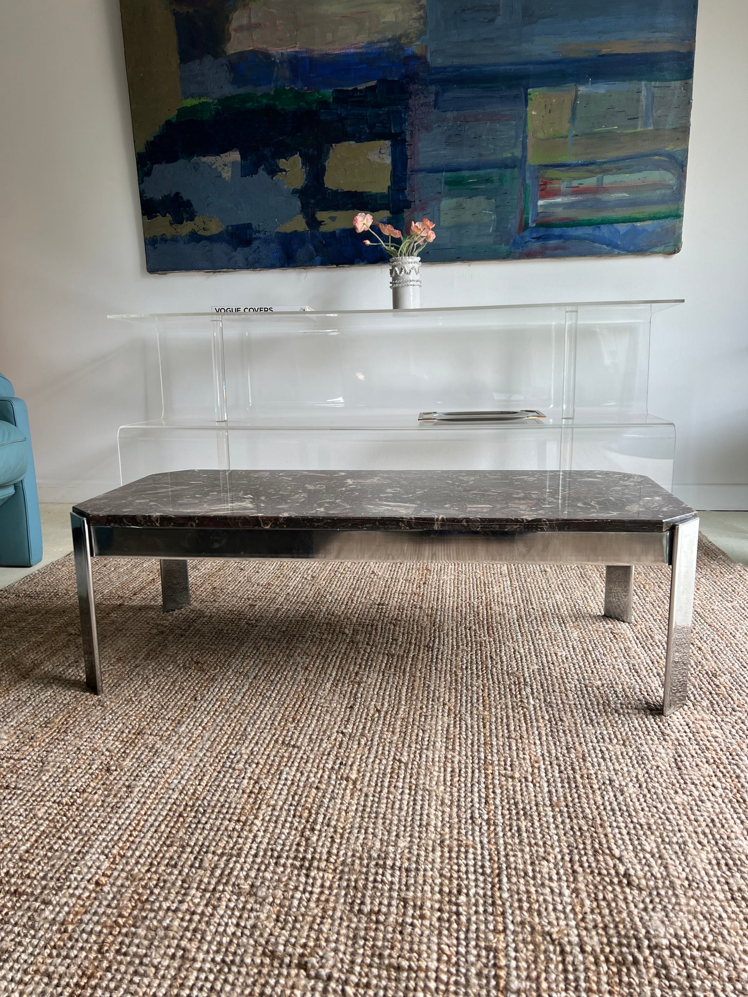 Reddish Brown Marble and Chrome Coffee Table