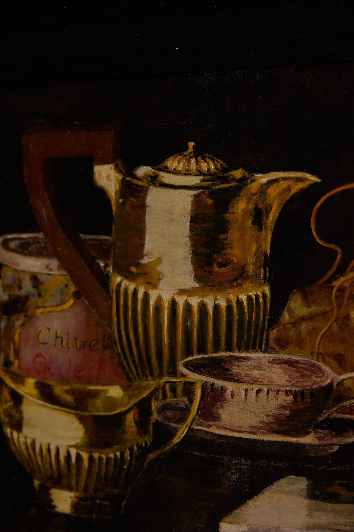 Gilded Still Life – Moody Vintage Oil Painting of Tea Service &amp; Curiosities