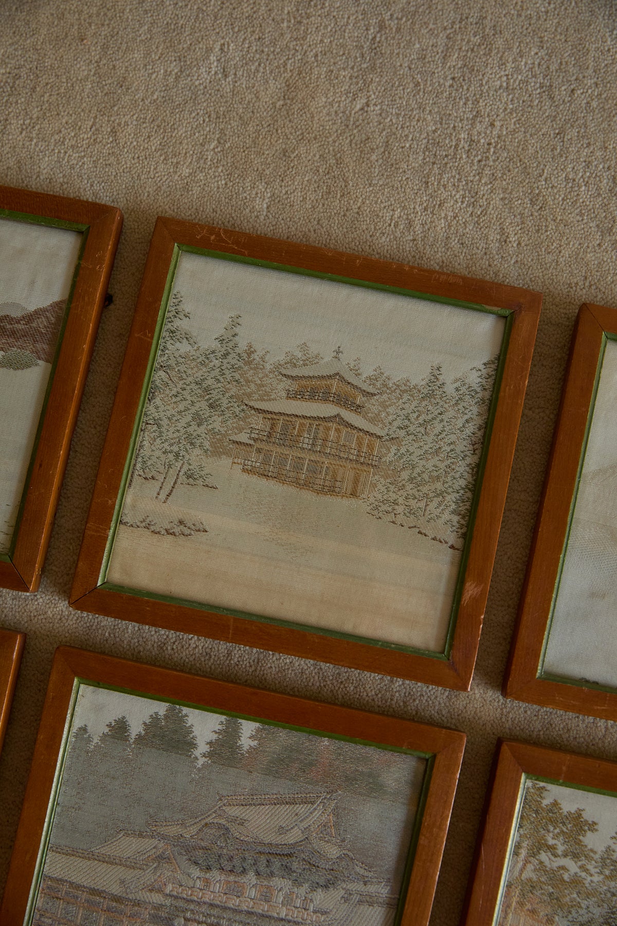 Vintage Japanese Hand-Embroidered Silk Landscape Art – Framed Set of 6
