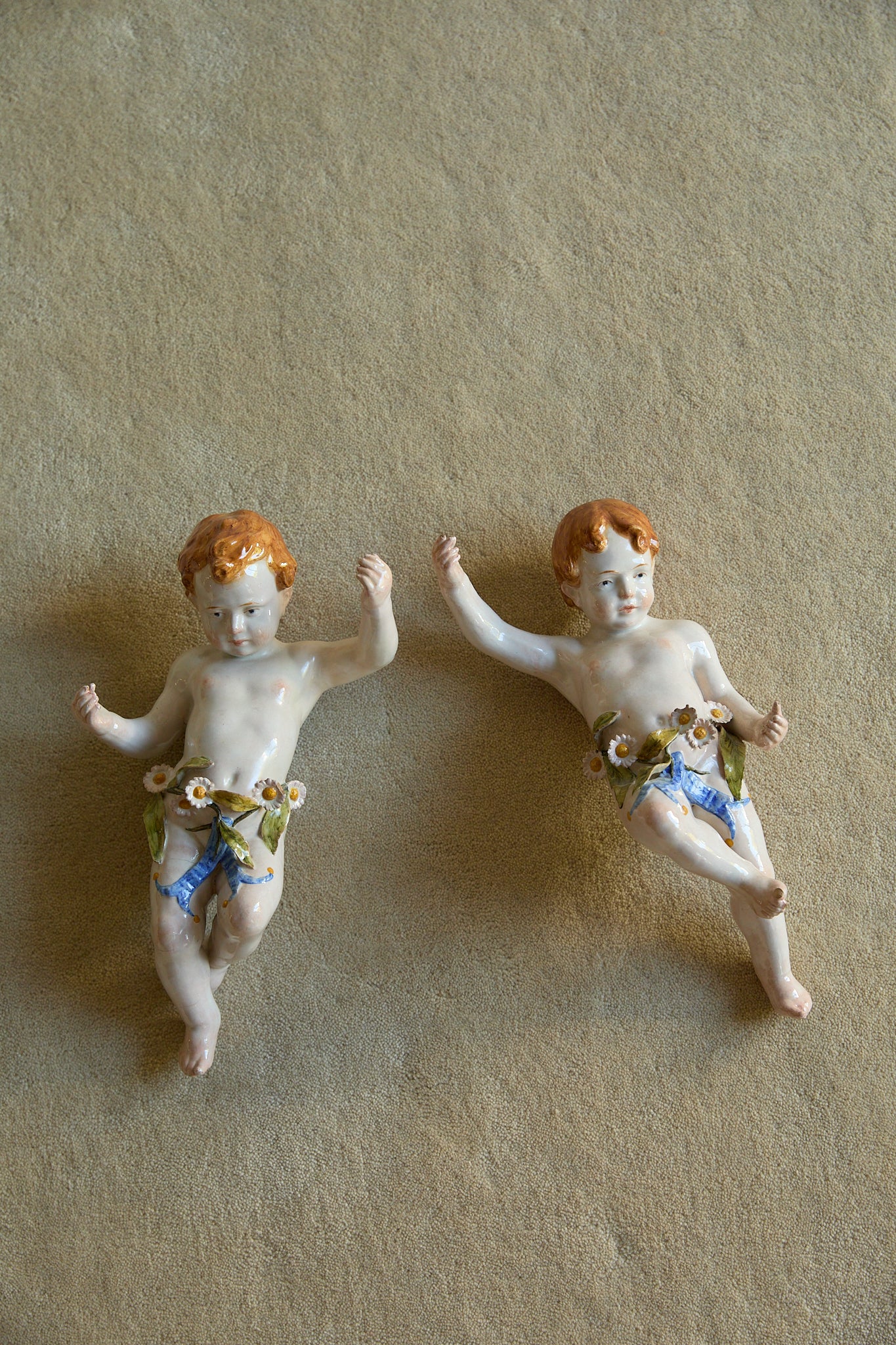 Vintage Italian Porcelain Wall Cherubs — Matching Pair