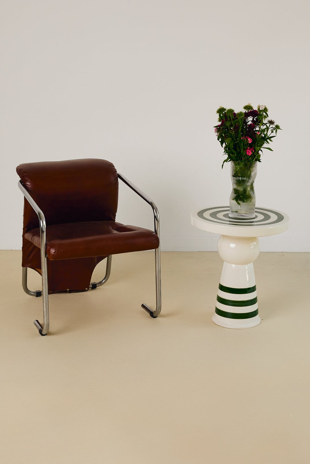 Italian Pair of Green and White Ceramic Side Tables