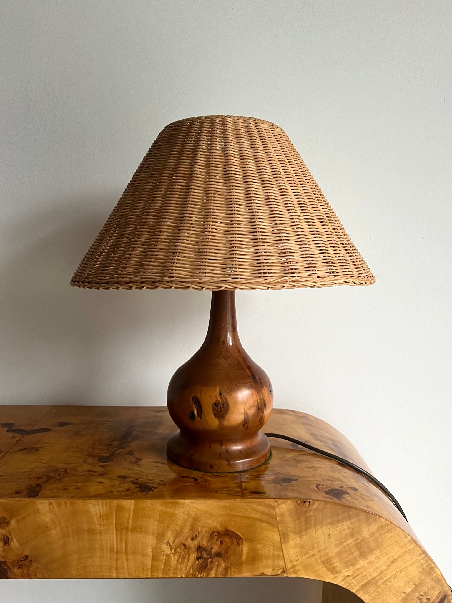 Solid Walnut And Straw Shade Table Lamp