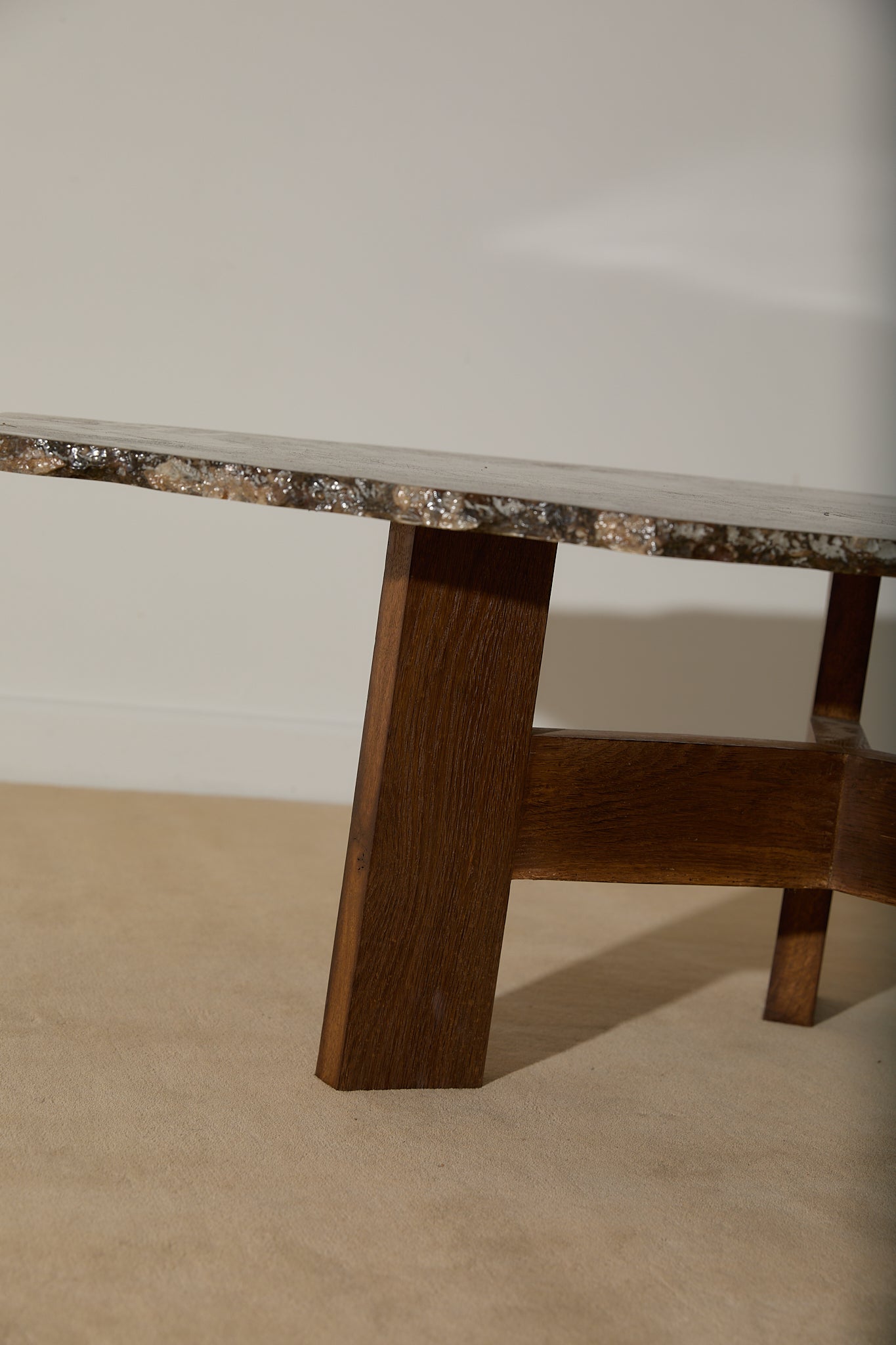 Primitive Orthoceras Fossil Cocktail Table – Devonian Limestone Slab on Wood Trestle Base