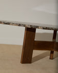 Primitive Orthoceras Fossil Cocktail Table – Devonian Limestone Slab on Wood Trestle Base