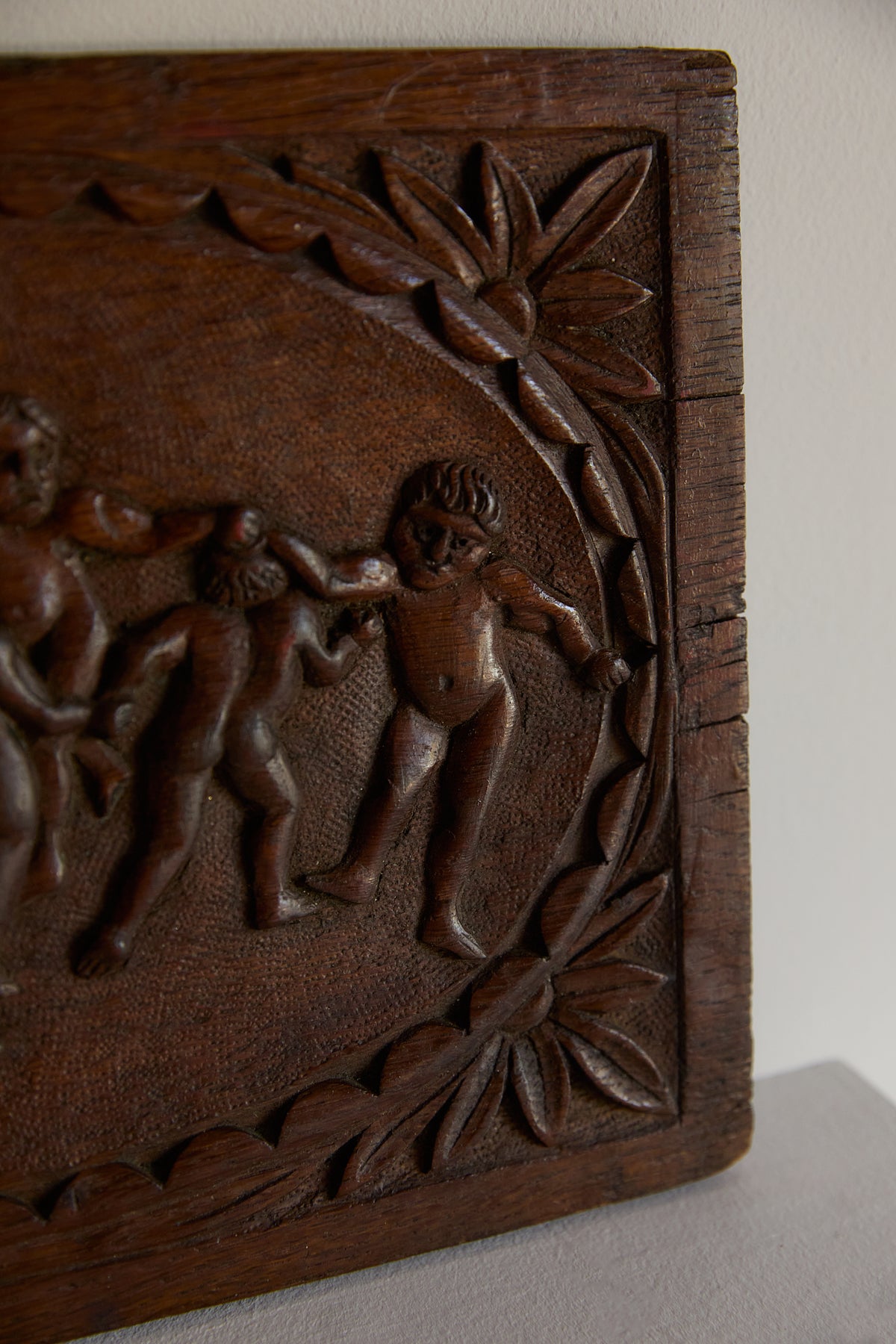 Antique 19th Century Hand-Carved Solid Oak Wooden Relief Plaque – Dancing Cherubs