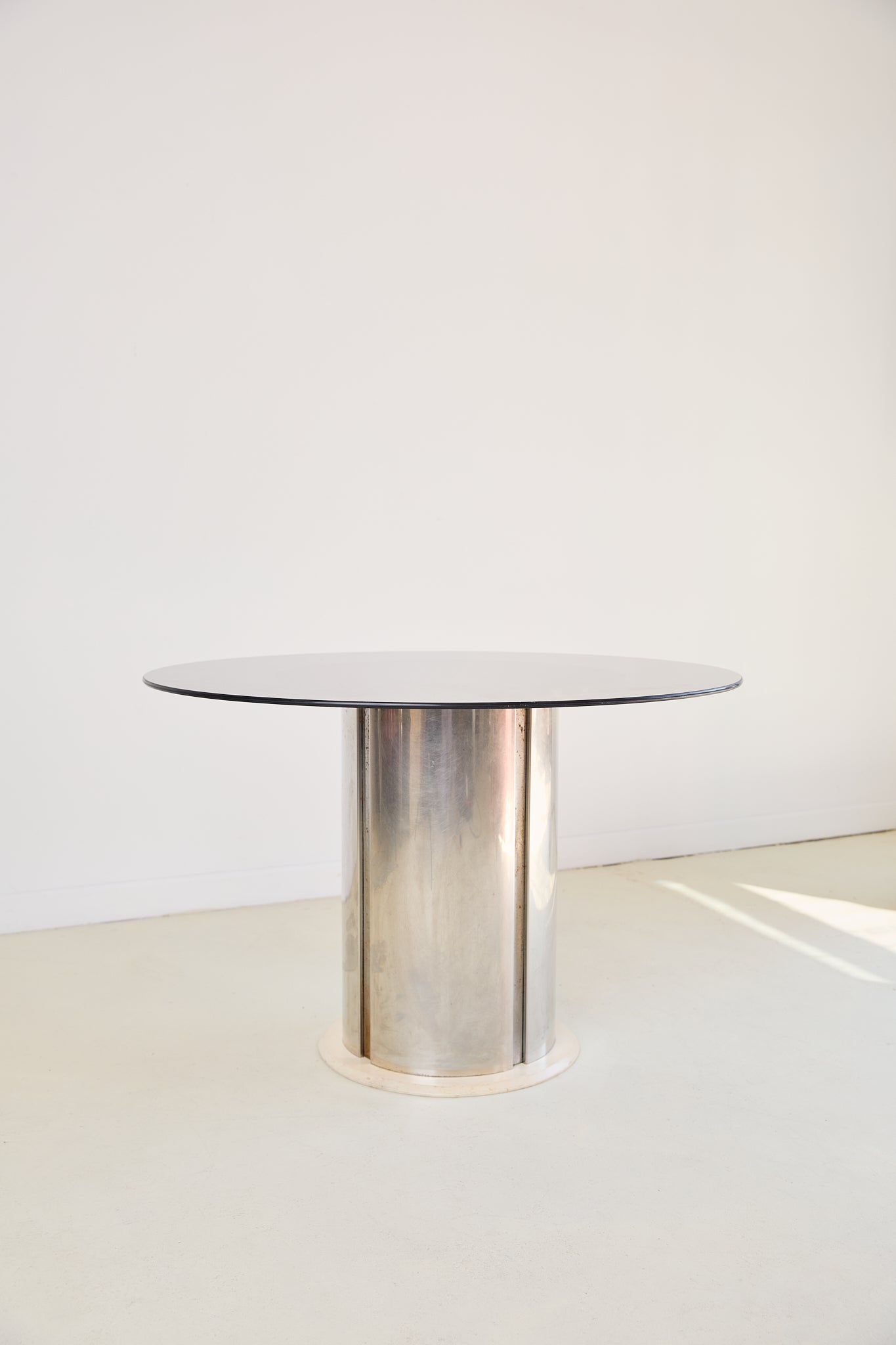 Chrome Base Dining Table with Smoked Glass Top in the Style of Antonia Astori