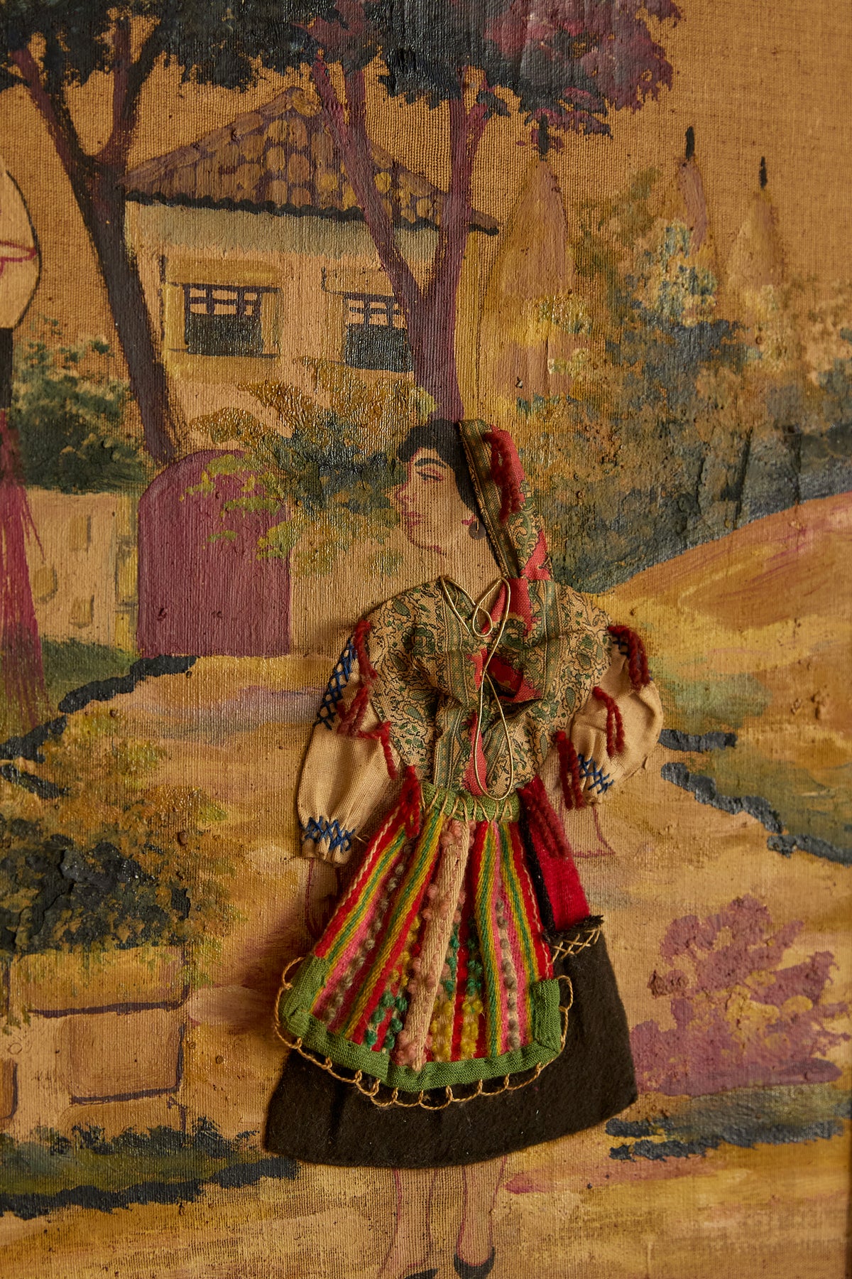 Vintage Framed European Folk Art Tapestry Wall Hanging – Village Festival Scene