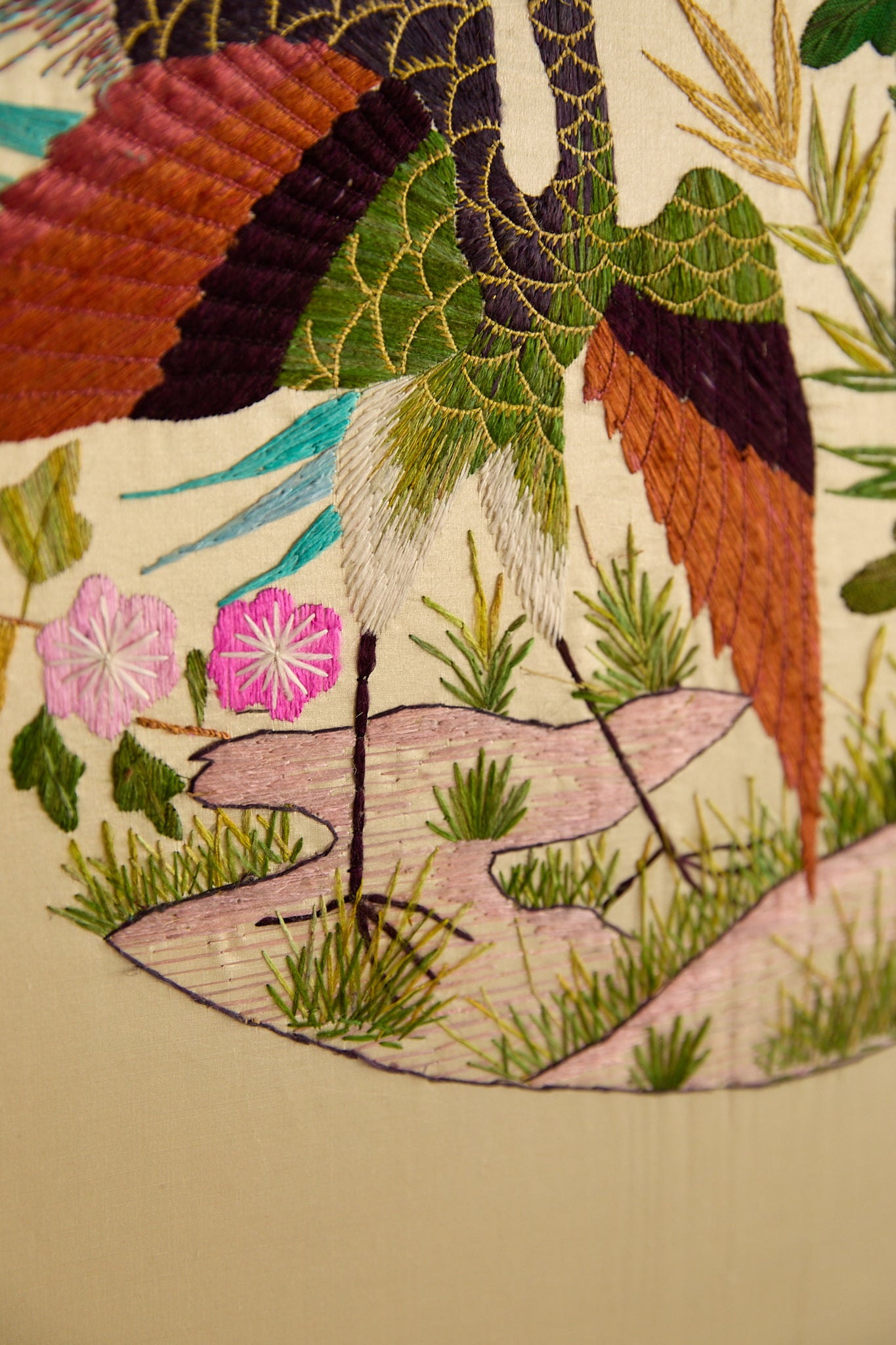 Vintage Large Framed Chinese Silk Embroidery Panel – Peacock &amp; Peony Floral Border