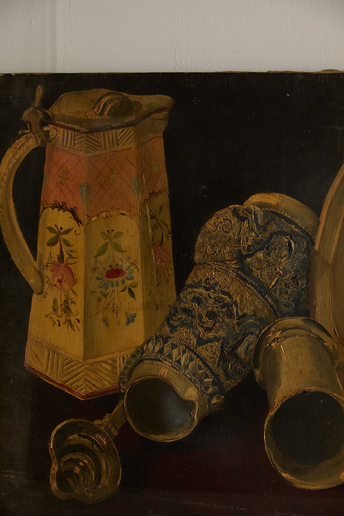Antique Tabletop Still Life: Ceramic Vessels &amp; Pewter