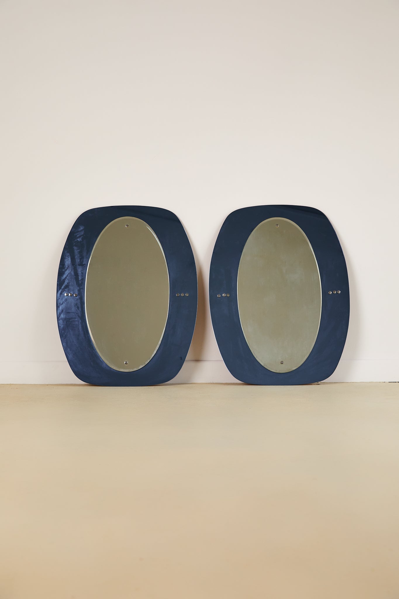 Pair of Round Blue Glass Italian Mirrors
