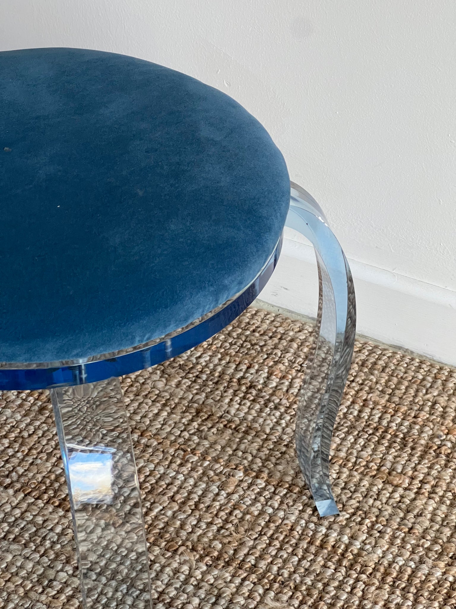 Blue Lucite and Velvet Stool