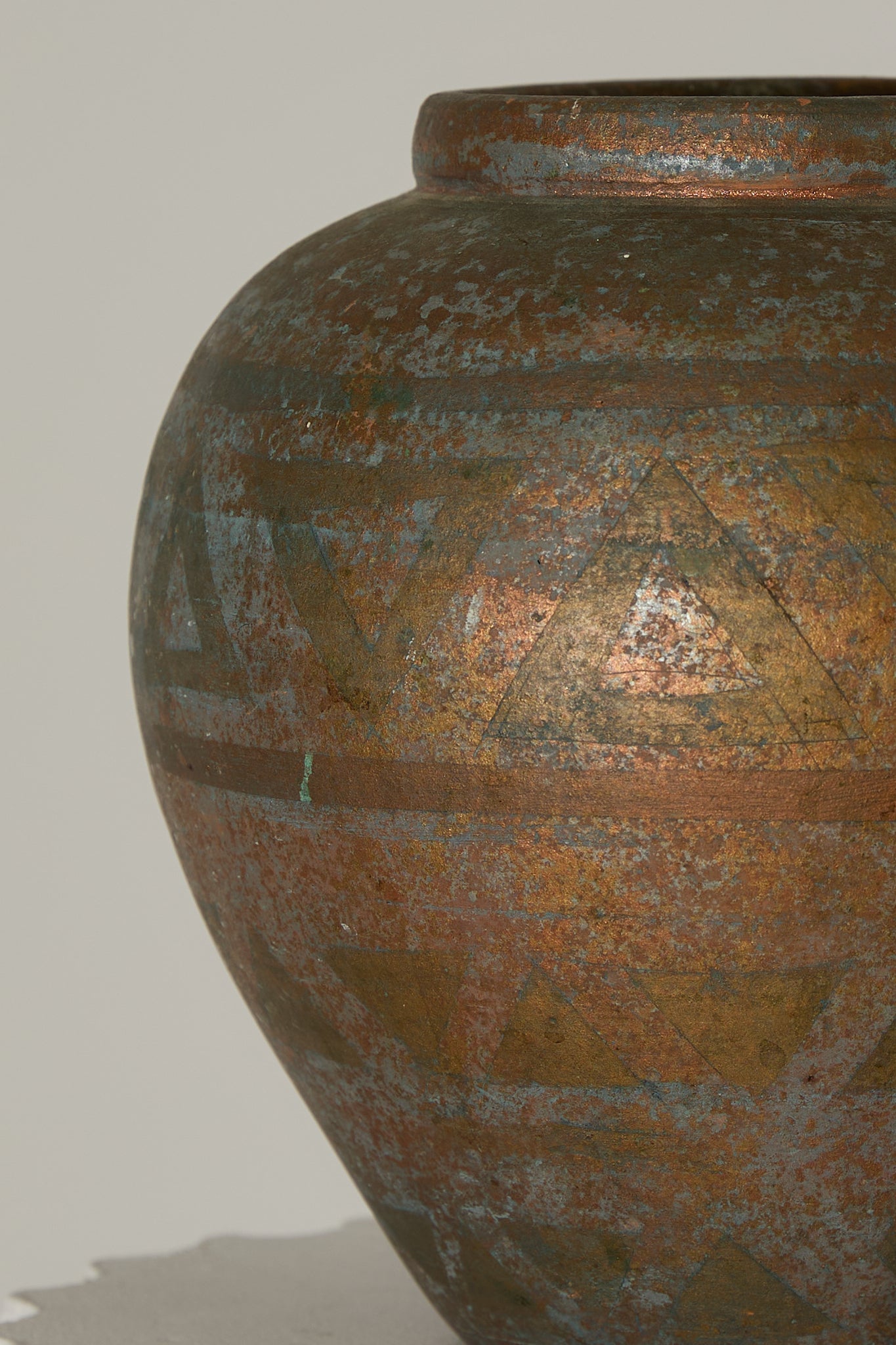 Vintage Mid-Century Japanese Patinated Bronze Ceramic Geometric Vase