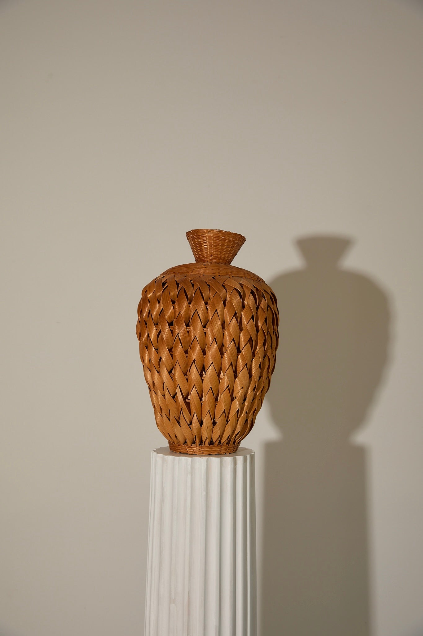 Vintage Mid-Century Woven Rattan Textured Ovoid Vase
