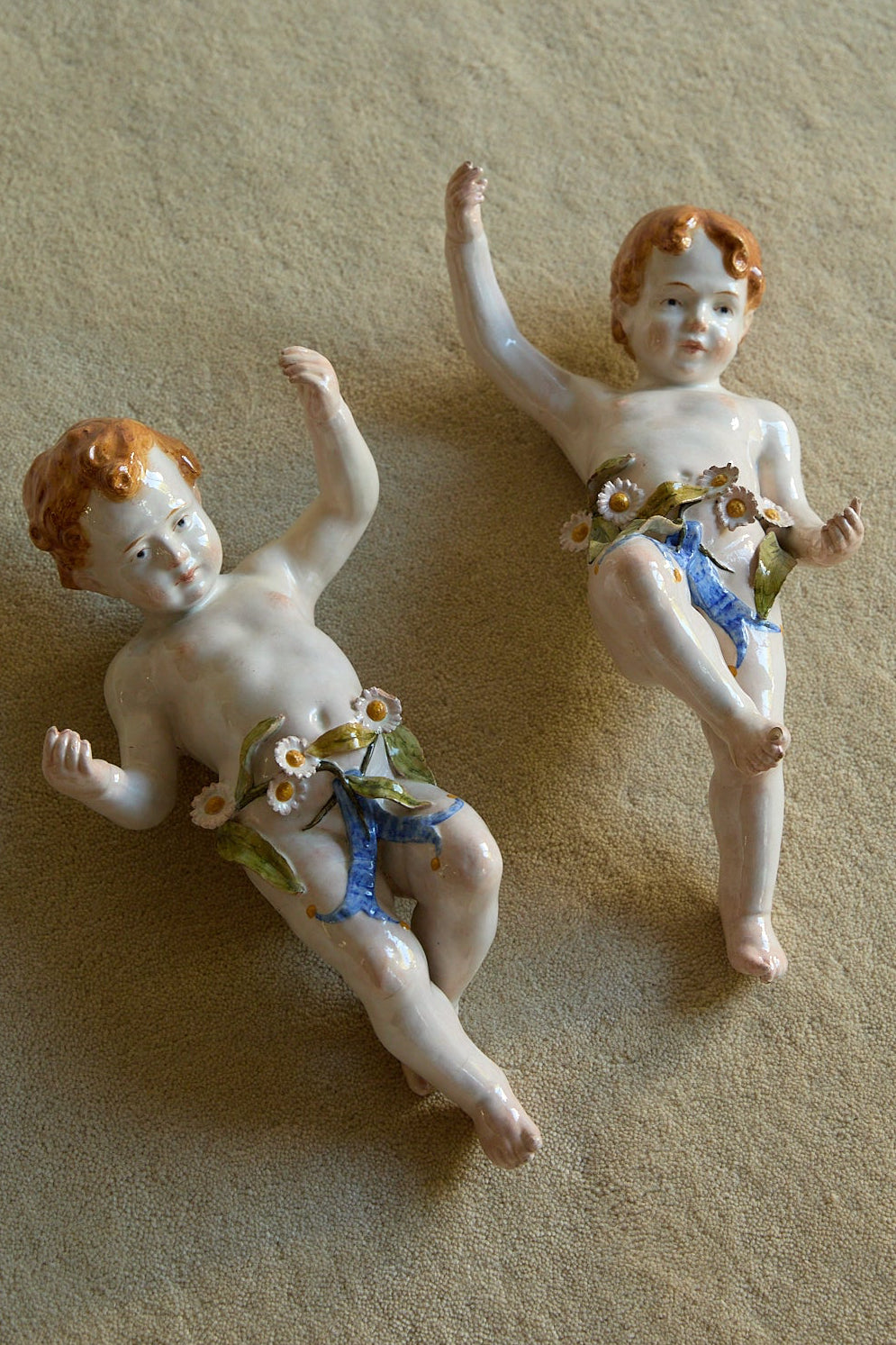 Vintage Italian Porcelain Wall Cherubs — Matching Pair