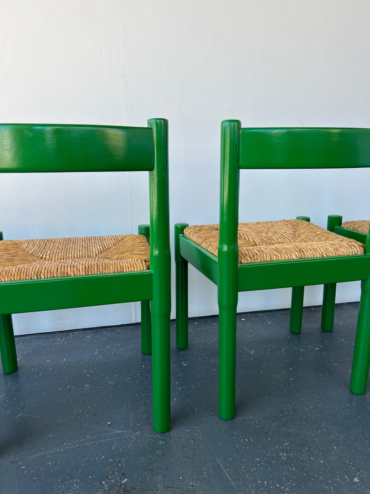 Set of x6 Glossy Green Carimate Carver Chairs by Vico Magistretti