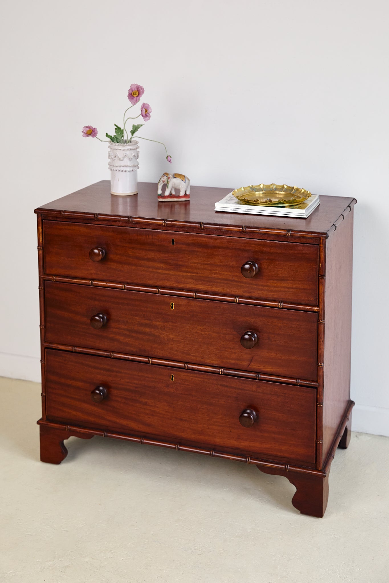 English 19th Century Chest Mahogany Chest With Faux Bamboo Trim