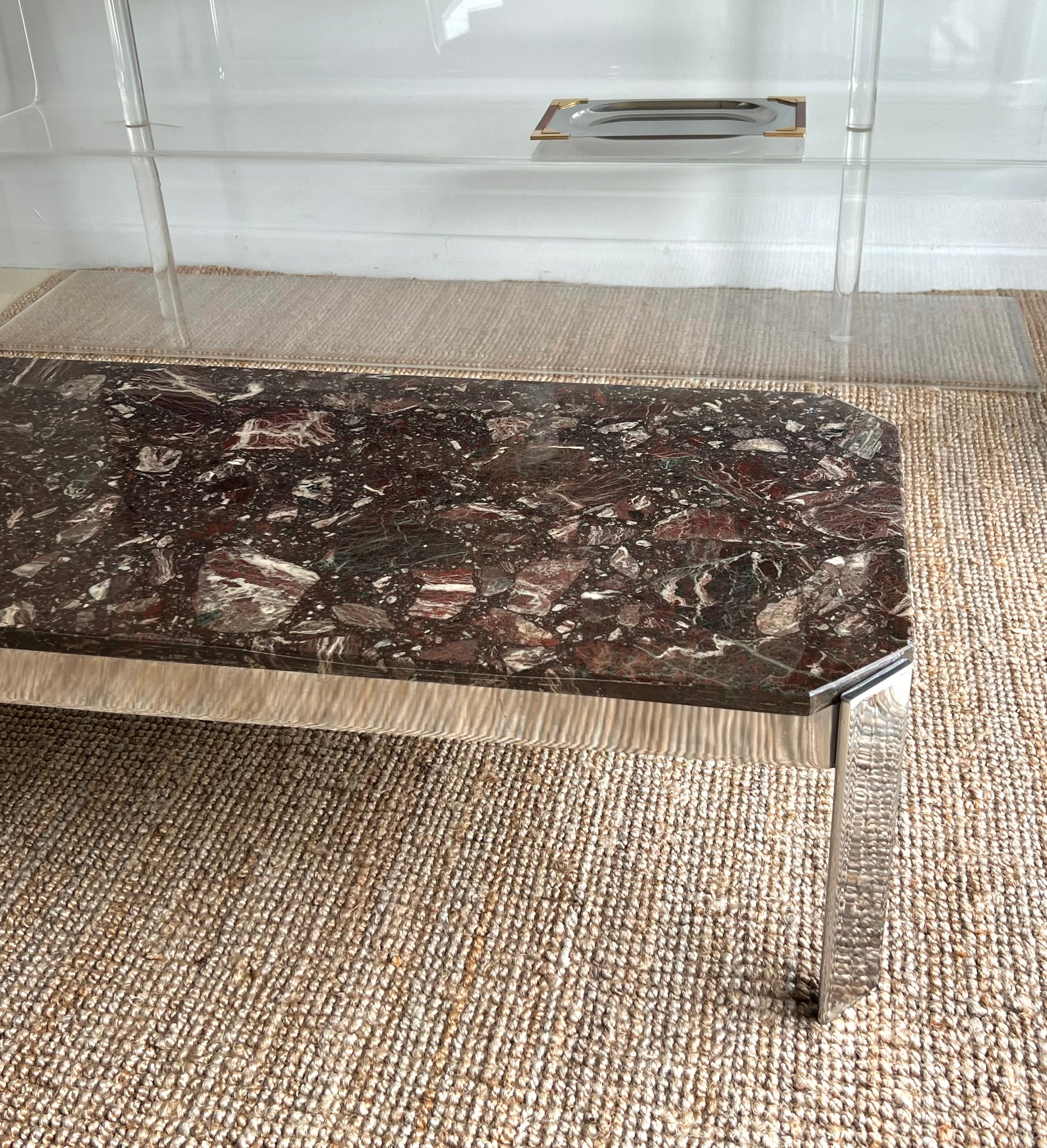 Reddish Brown Marble and Chrome Coffee Table