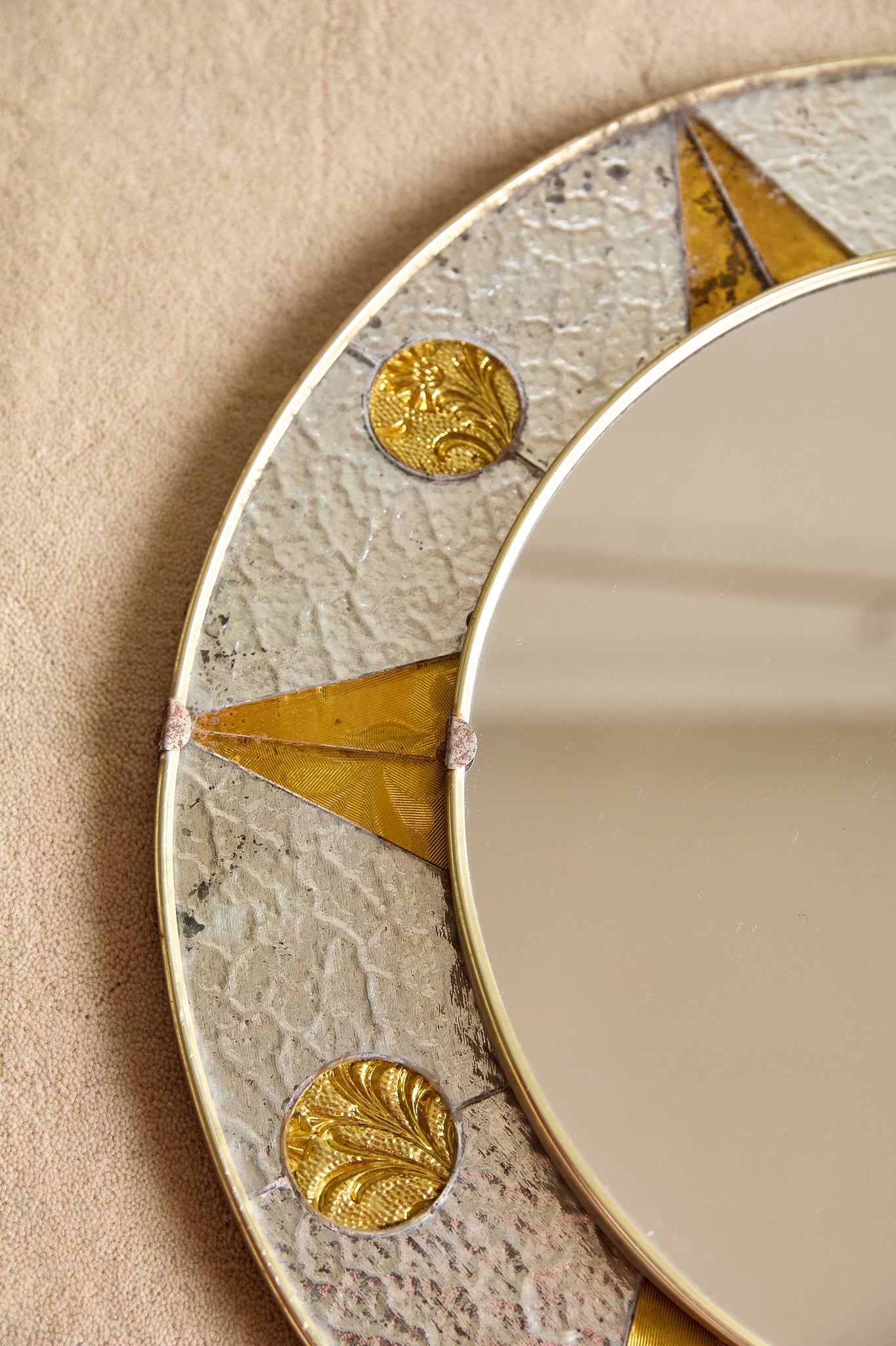 Vintage French Circular Mirror with Embossed Geometric Glass &amp; Metal Frame, c. 1960s