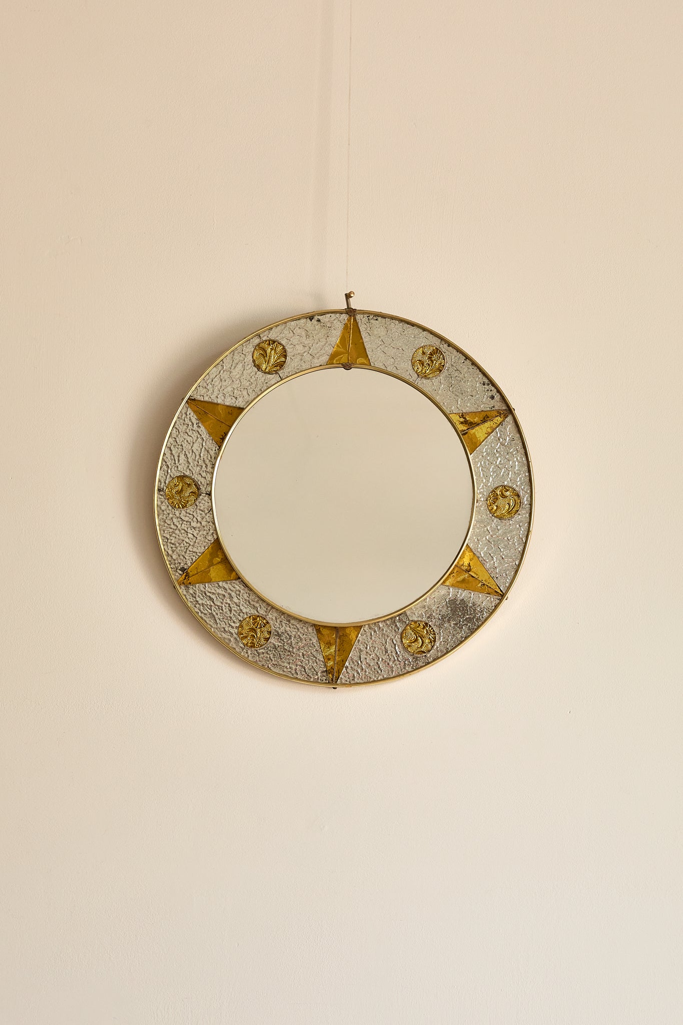 Vintage French Circular Mirror with Embossed Geometric Glass &amp; Metal Frame, c. 1960s