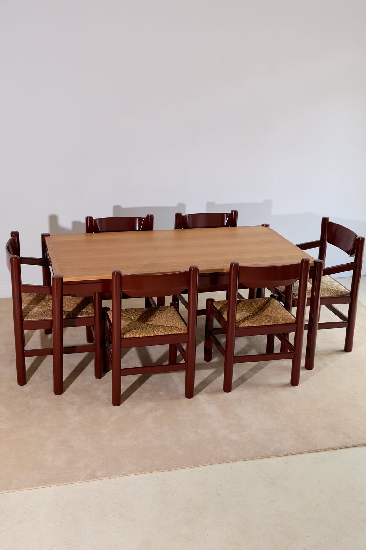 Mid-Century Modern Dining Set – Rectangular Wood Table with 6 Rush-Seat Chairs