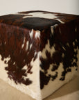 Genuine Cowhide Cube Ottoman – Tri-Color Brown & White Hair-on-Hide Footstool