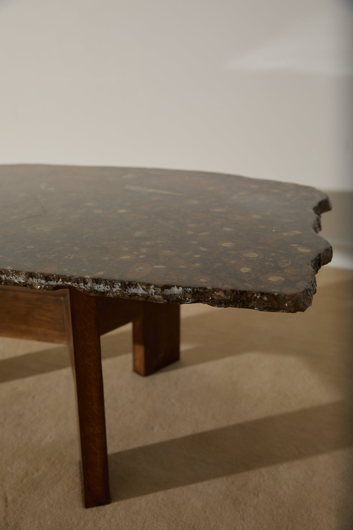 Primitive Orthoceras Fossil Cocktail Table – Devonian Limestone Slab on Wood Trestle Base