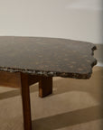 Primitive Orthoceras Fossil Cocktail Table – Devonian Limestone Slab on Wood Trestle Base