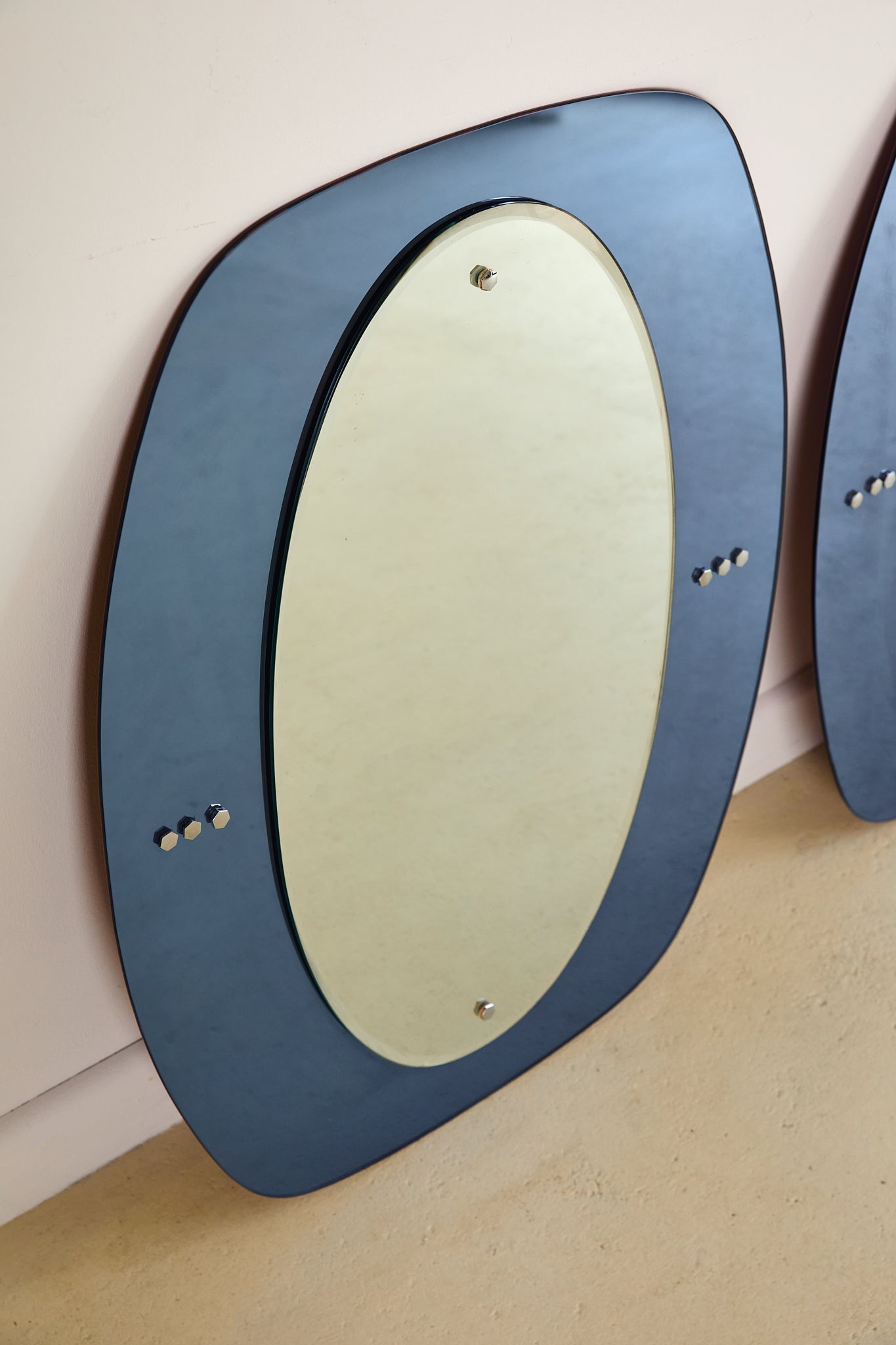 Pair of Round Blue Glass Italian Mirrors