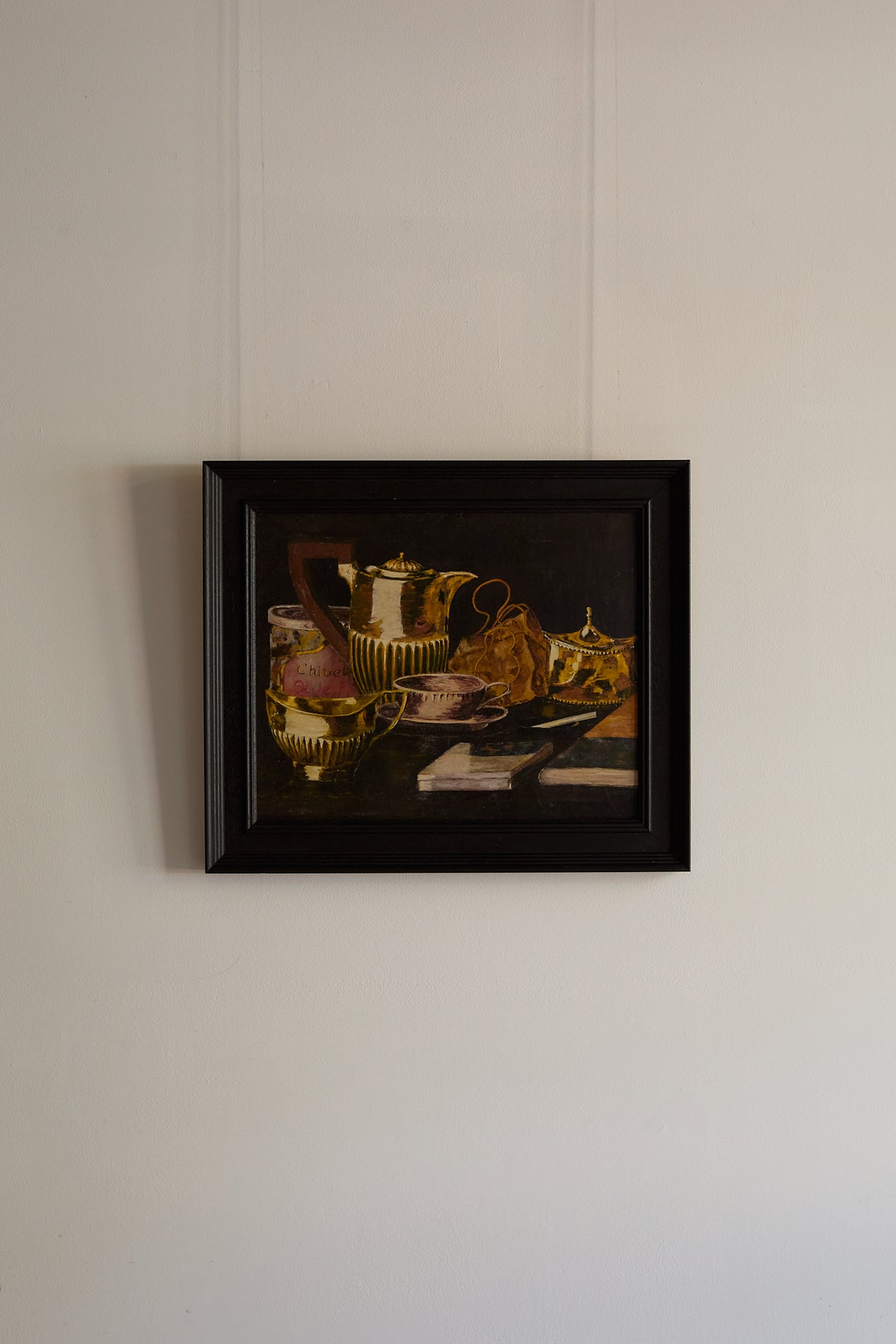 Gilded Still Life – Moody Vintage Oil Painting of Tea Service &amp; Curiosities