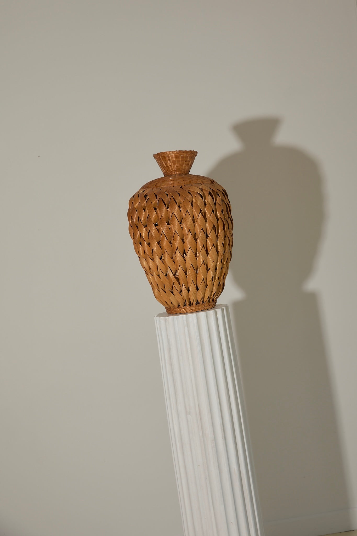 Vintage Mid-Century Woven Rattan Textured Ovoid Vase