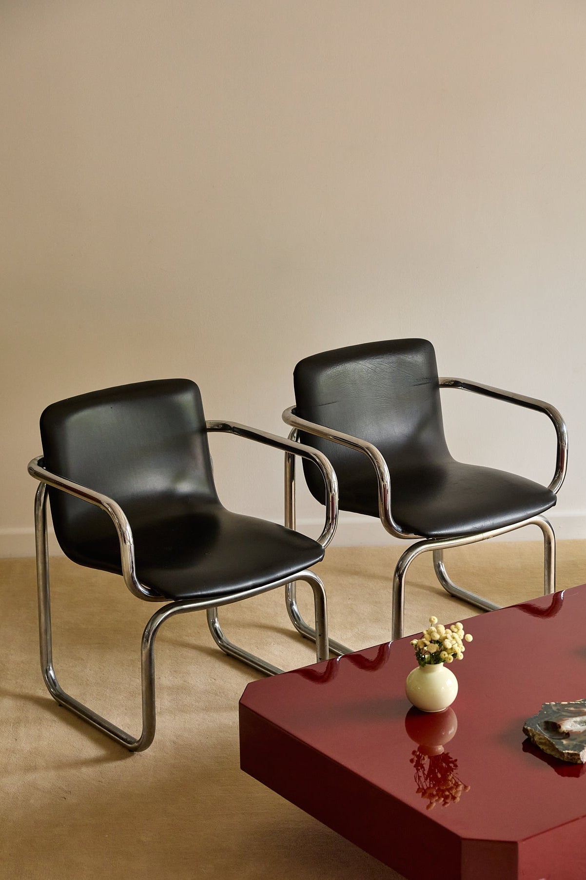 Pair of Vintage Postmodern Italian Black Leather &amp; Tubular Chrome Cantilever Armchairs (c. 1970s–1980s)