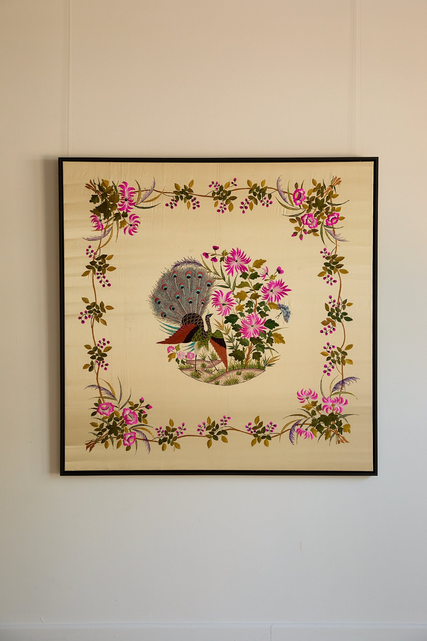 Vintage Large Framed Chinese Silk Embroidery Panel – Peacock &amp; Peony Floral Border