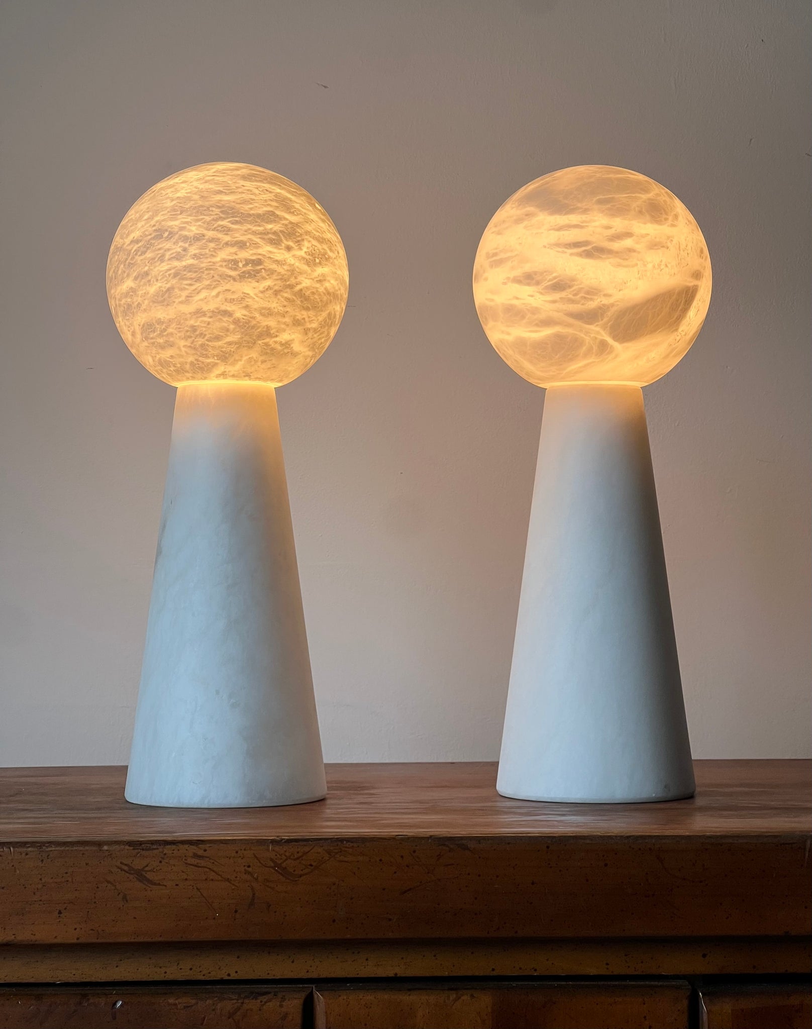 Pair of Alabaster Conical Lamps