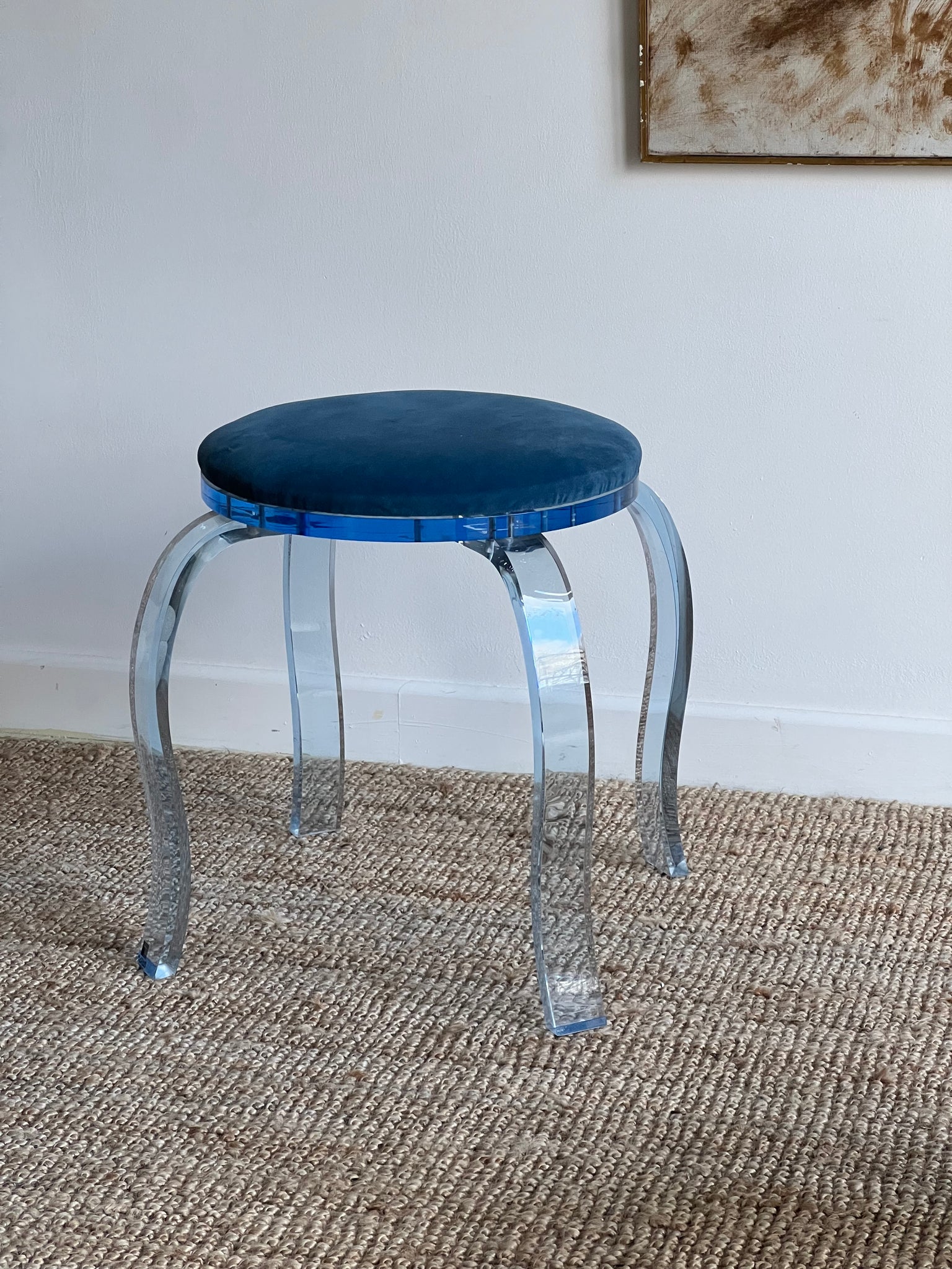 Blue Lucite and Velvet Stool