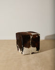 Genuine Cowhide Cube Ottoman – Tri-Color Brown & White Hair-on-Hide Footstool