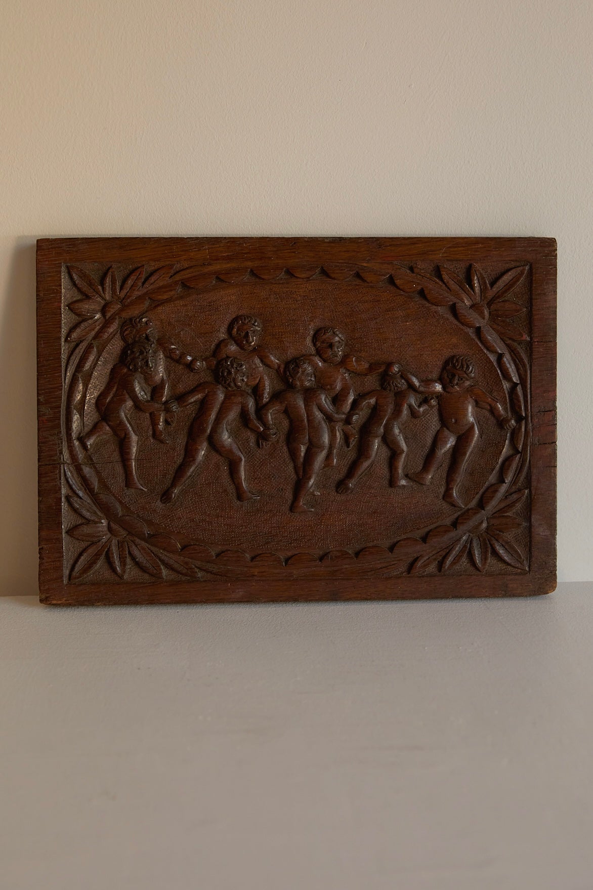 Antique 19th Century Hand-Carved Solid Oak Wooden Relief Plaque – Dancing Cherubs