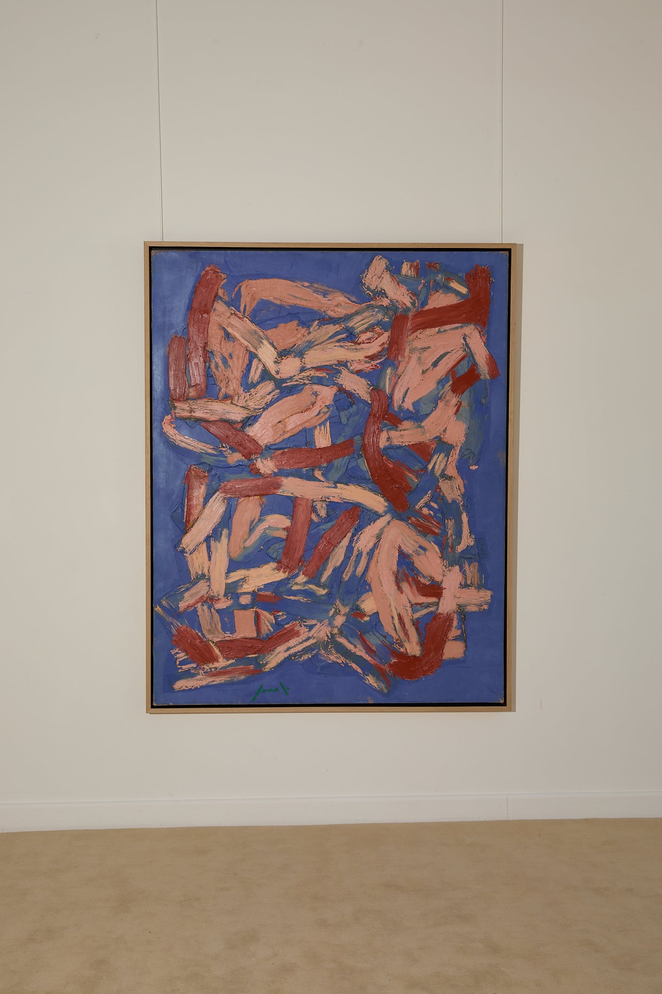 Original Georges Ferrato Abstract Impasto Oil Painting – Heavy Texture Blue &amp; Pink and Red Composition